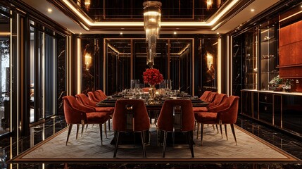 Luxurious dark dining room with red velvet chairs and a long table.