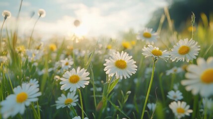 Close-up of dandelions and daisies in wild grass at sunrise nature photography serene landscape