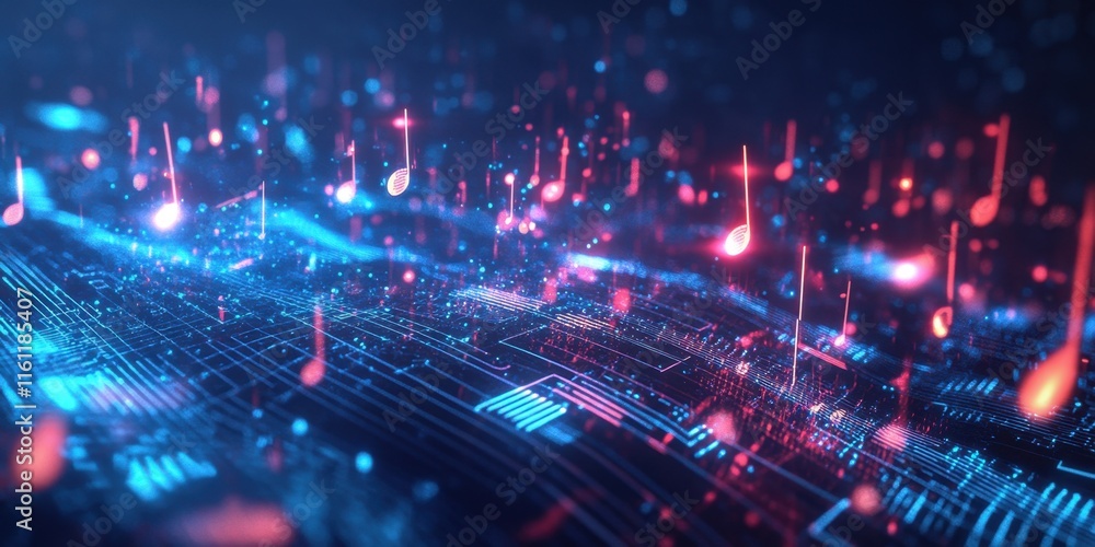 Poster floating musical notes in vibrant colors illuminate a digital landscape, showcasing intricate circui
