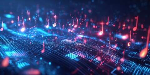 Obraz premium Floating musical notes in vibrant colors illuminate a digital landscape, showcasing intricate circuit patterns and a futuristic atmosphere filled with energy