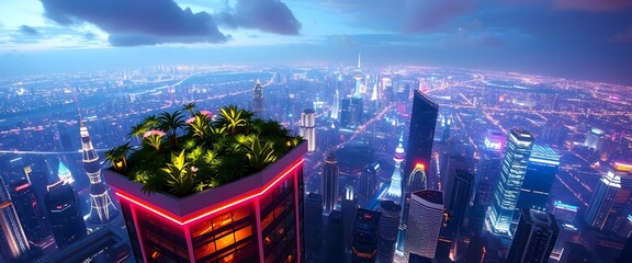 Rooftop Garden with Lush Plants and Illuminated City View at Night