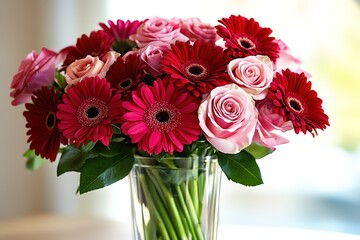 Vibrant bouquet of pink roses and red gerbera daisies in a glass vase.
