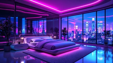 Luxurious Bedroom with Purple Neon Lighting and Expansive City View