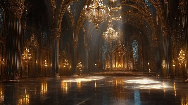 An opulent, grand hall illuminated by soft rays of light filtering through ornate stained glass windows. The space features towering columns adorned with intricate gold detailing and luxurious chandel