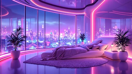 Modern Bedroom with Pink Neon and Sweeping Cityscape at Dusk