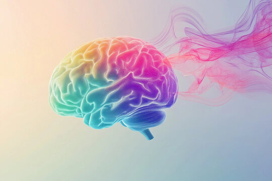 Colorful abstract brain illustration with flowing smoke effects representing thoughts and creativity in a modern style