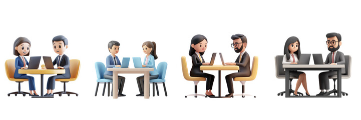 Obraz premium A 3D icon of a businessman and businesswoman working together at a table with laptops, on a transparent background