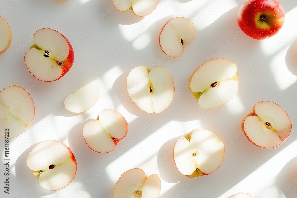 Poster slices of red apples arranged on a white background, illuminated by sunlight creating shadows.