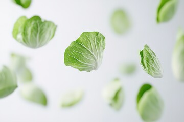 Obraz premium Fresh cabbage leaves floating in mid-air against a white background. A vibrant and healthy image, perfect for food or health-related content.