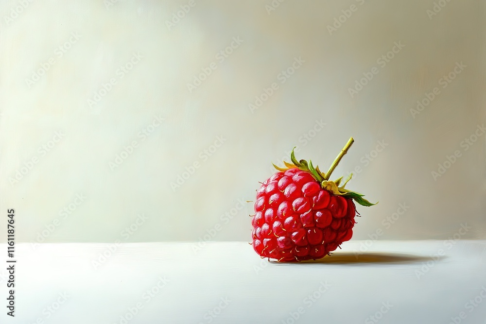 Poster single raspberry on white background. close-up still life image of a ripe, red raspberry.