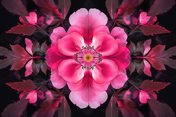 Vibrant pink flower with dark leaves, symmetrical design.