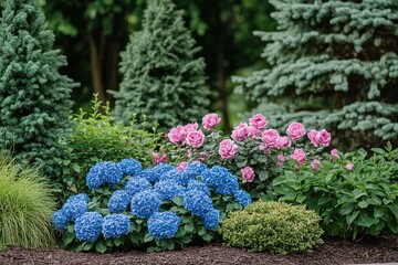 Obraz premium Vibrant hydrangeas and roses in a lush garden setting, complemented by evergreen trees.