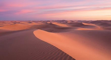 Selbstklebende Fototapeten Stunning desert landscape.  Pink sunrise over golden dunes.  Colorful sky. © Miftakhul