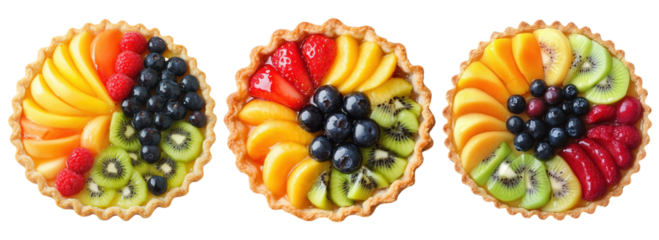 Set of isolated mockup of three mixed fruit tarts with glazing on a transparent background. Top view.