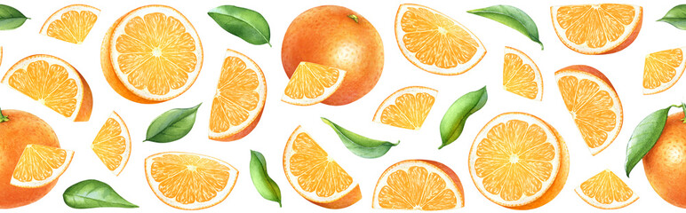 Seamless pattern with watercolor hand drawn mandarin, tangerine or clementine fruits, fruit slices and green leaves