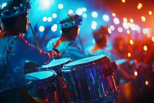 This professional capture showcases a samba school drumline at the Sambódromo, their synchronized beats creating a lively atmosphere surrounded by extravagant carnival floats and energetic dancers.