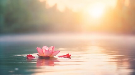 Serene Pink Lotus Flower on Calm Water at Sunset