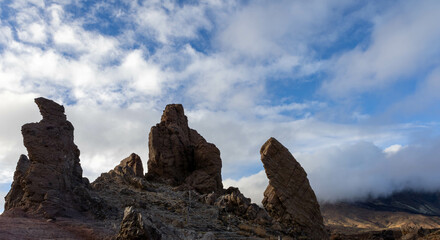 Stairs to the Roques de García in a cloudy Teide National Park, Tenerife.