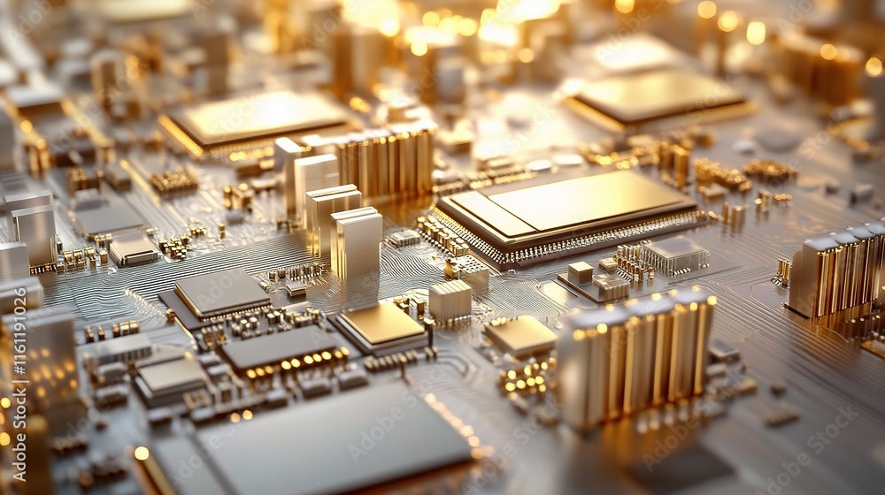 Aufkleber golden circuitry: a close-up of a computer motherboard with intricate gold circuitry, showcasing the