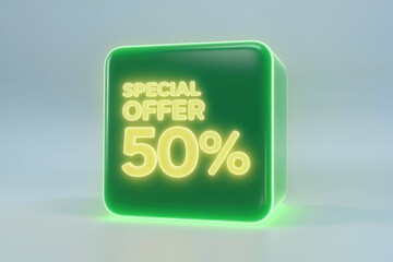Green cube with yellow neon text showcasing a special offer of 50% off.