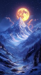 Enchanting Winter Mountain Valley Under a Giant Harvest Moon