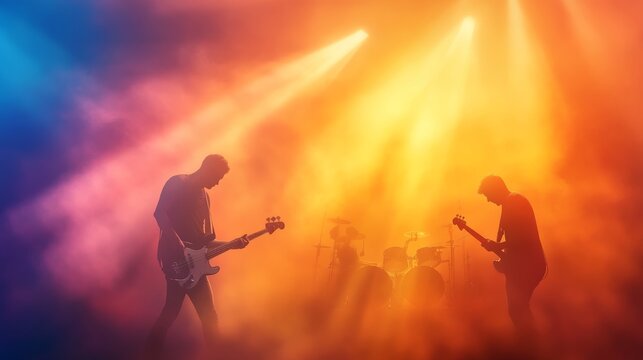 Silhouetted Band Performing on Stage