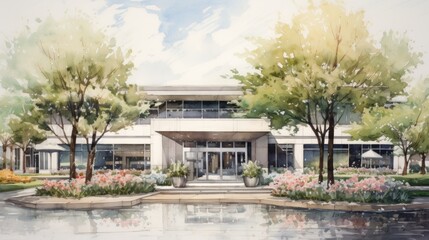 Fototapeta premium Serene Architectural Watercolor: Modern Building Amidst Lush Greenery