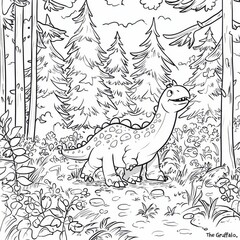 Dino in the Woods: A charming illustration of a friendly dinosaur strolling through a lush forest, perfect for children's books, coloring pages, or educational materials.