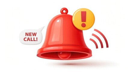 A vibrant red bell icon signaling an incoming call notification with a speech bubble saying "NEW CALL!" and sound waves emanating from it.
