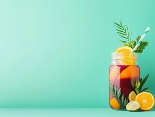 A vibrant juice blend of beets, carrots, and oranges, served in a glass jar, refreshing drink, nutritional boost