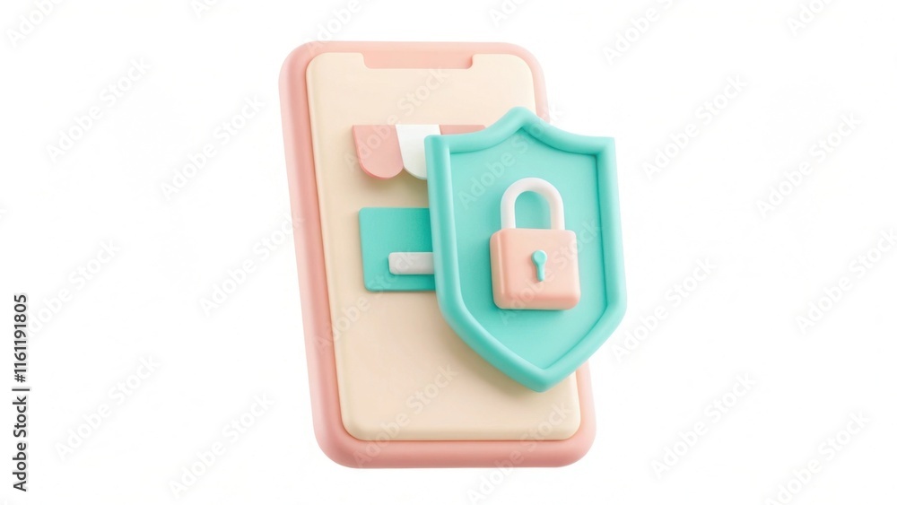 Poster a colorful smartphone design featuring a protective shield with a lock symbol, emphasizing security 