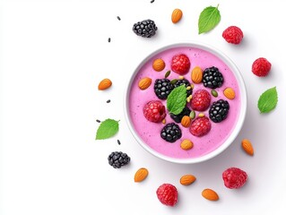 Fresh fruit smoothie bowl with vibrant toppings of seeds and nuts, healthy breakfast, natural balance