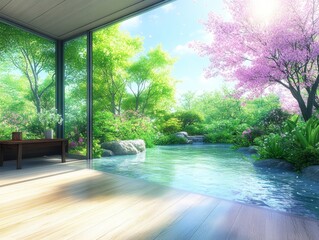 Fototapeta premium Serene Garden View from Modern Interior.