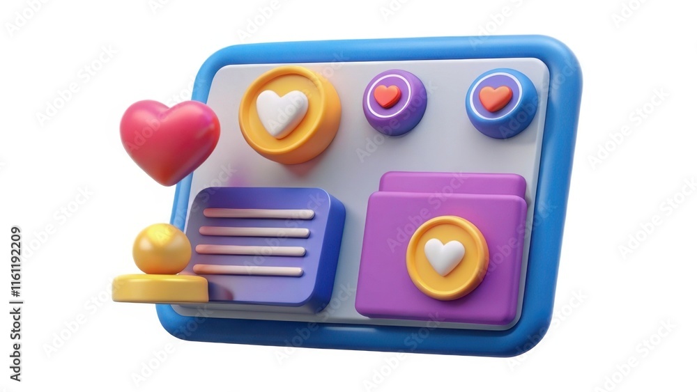 Poster a colorful, playful interface featuring heart-shaped buttons and icons, suggesting a fun digital env
