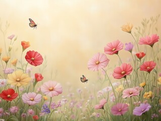 Summer Meadow with Butterflies and Cosmos Flowers