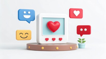 A colorful 3D illustration featuring a computer screen with a heart symbol, surrounded by social media reaction icons and a small plant.