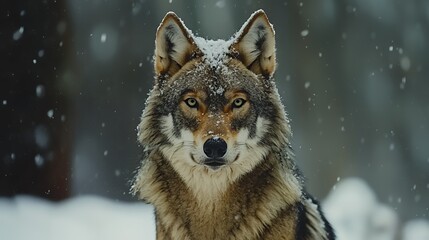 Fototapeta premium Majestic Winter Wolf: A Portrait of Wild Beauty in a Snowfall