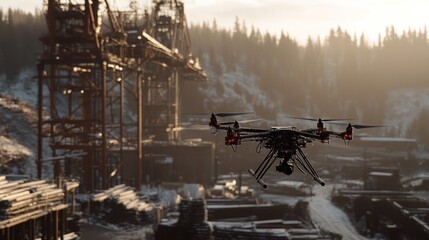 Fototapeta premium Drone Flight Over Lumber Mill at Sunset