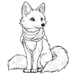 Obraz premium Cozy Fox in Scarf: An adorable fox, wrapped in a cozy scarf, sits serenely, its expressive eyes conveying warmth and gentleness. This charming line art illustration is perfect for coloring pages.