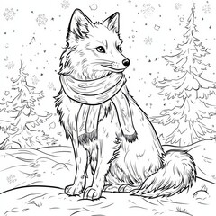 Cozy Fox in Winter Wonderland:  A charming line art illustration of a fox wearing a scarf and sitting amidst a snowy forest.  Perfect for coloring, holiday crafts.