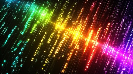 Rainbow Data Stream: Abstract digital art depicting a vibrant, rainbow-colored data stream, symbolizing technological innovation, speed, and connectivity.