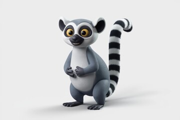 Obraz premium A cute cartoon lemur with big eyes and a fluffy tail stands on a white background.