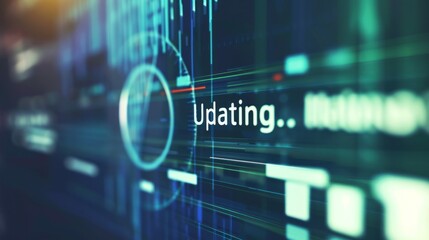 A close-up of a digital screen displaying a software update progress bar, with a blurred background of technical icons and code snippets. The screen shows a loading circle and the text "Updating..." i
