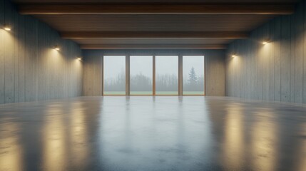 Modern Empty Room with Large Windows and Concrete Walls.