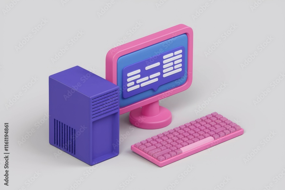 Poster a 3d model of a pink computer with a purple tower and keyboard.