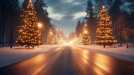Magical Christmas Road in Snowy Forest