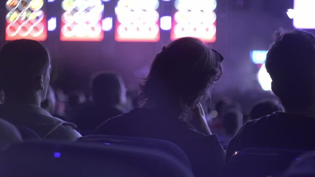Esports Global Offensive event. Main stage, lightning, illumination, big screen on the opening ceremony.