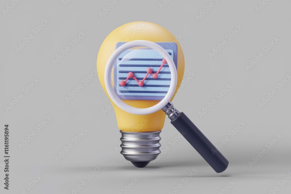 Poster a light bulb with a magnifying glass focusing on a graph symbolizing insight and growth.