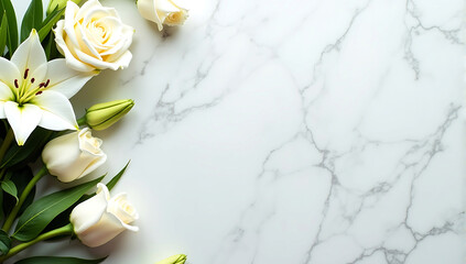 Top view of fresh white lilies and roses with soft green leaves, elegantly arranged along the edges of a marble background, leaving copy space in the center, valentine's background copy space