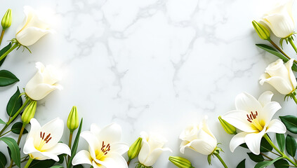 Top view of fresh white lilies and roses with soft green leaves, elegantly arranged along the edges of a marble background, leaving copy space in the center, valentine's background copy space